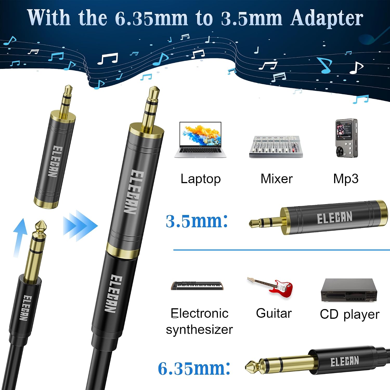 Elecan 6.35mm (1/4 Inch) TRS Male to XLR Male Cable 25 Ft, Balanced Professional Shielded Stereo Microphone Cable Cord, Gold Plated for Mixer AMP Speaker Amplifier with 6.35 to 3.5mm Adapter+Ties