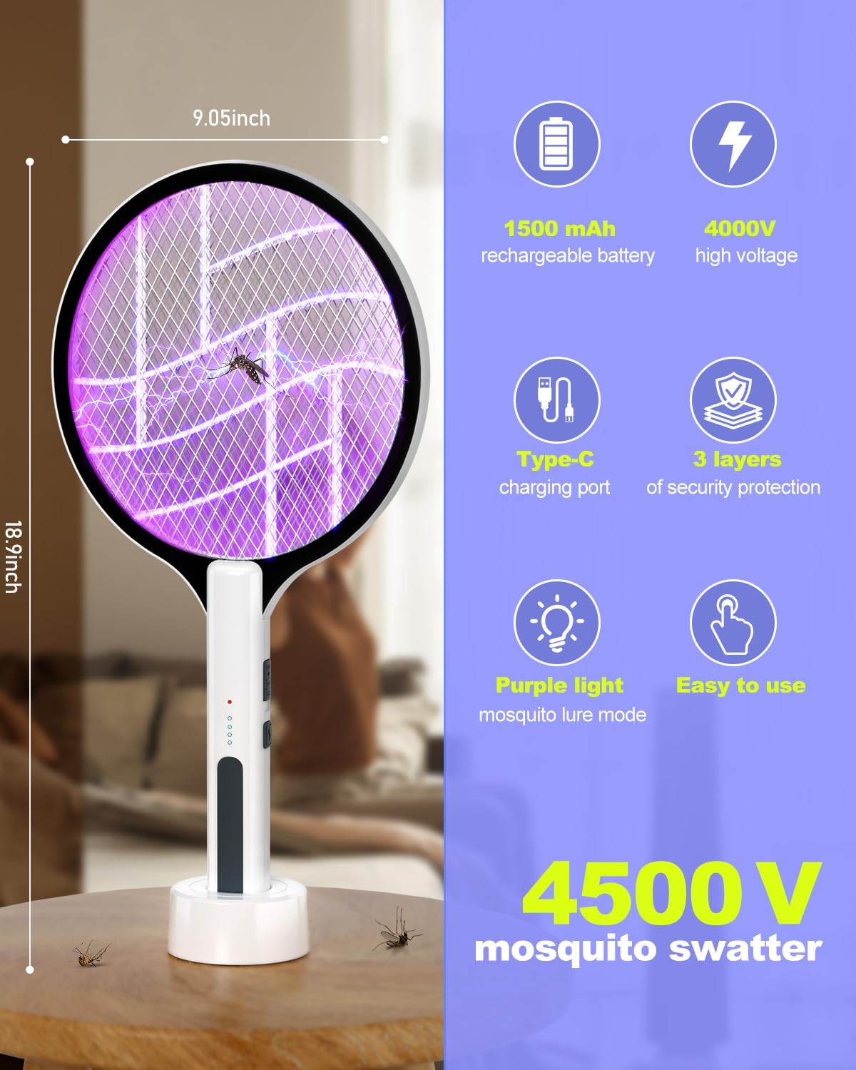 2PACK Electric Fly Swatter 4500V Bug Zapper Racket, 2 in 1 Handheld Fly Zapper & Purple Mosquito Killer Rechargeable and 3-Layer Safety for Indoor Home Office Backyard Patio Camping