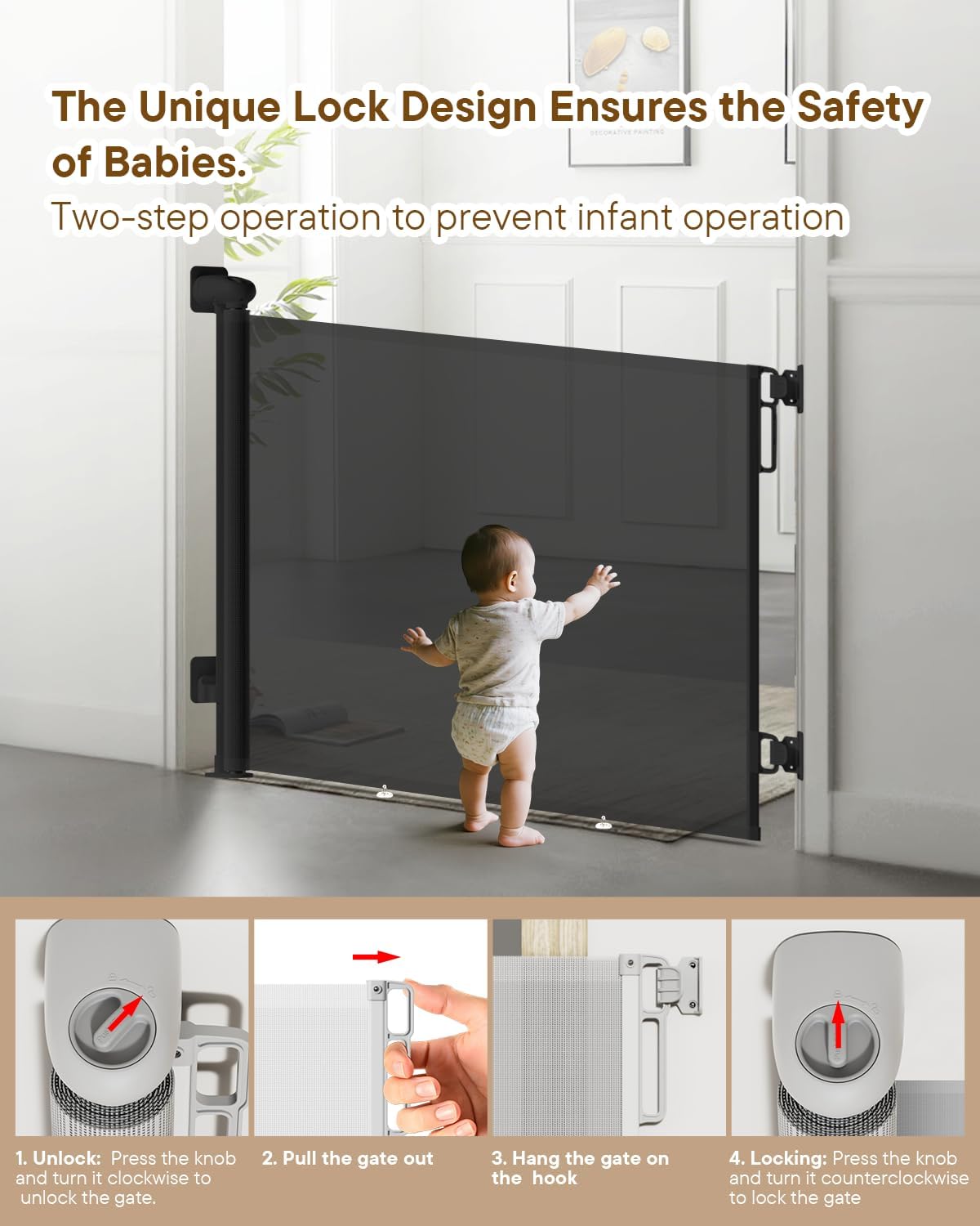 Extra Wide Retractable Baby Gate 71" Wide Fits Large Opening Black