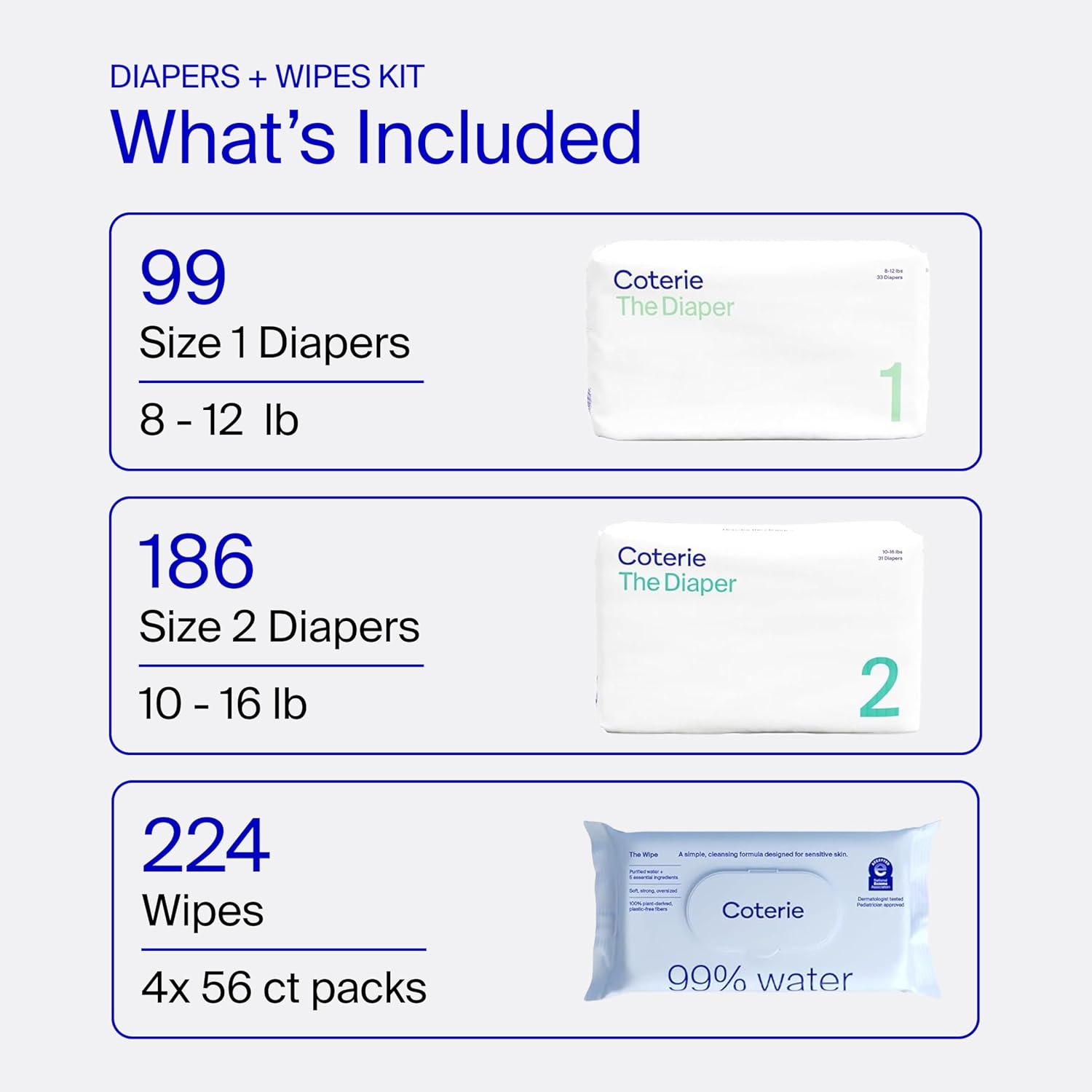 Coterie Baby Wipes + Diapers Kit, Size 1 & Size 2 Diapers, 4-Pack Wipes
