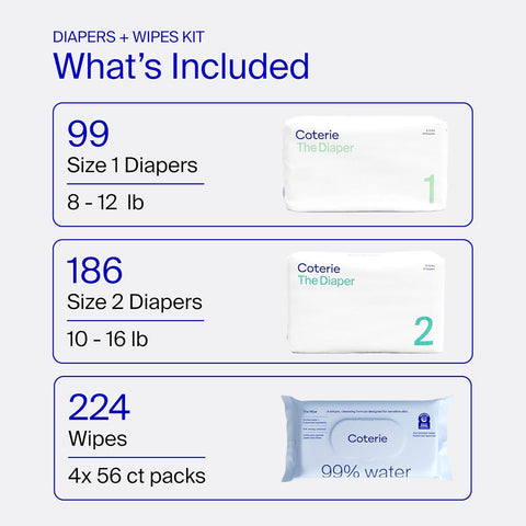 Coterie Baby Wipes + Diapers Kit, Size 1 & Size 2 Diapers, 4-Pack Wipes