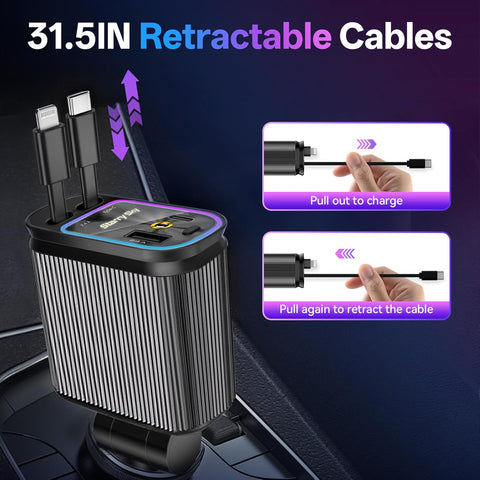 Retractable Car Charger, 4-in-1 Fast Charger with USB-C & USB-A