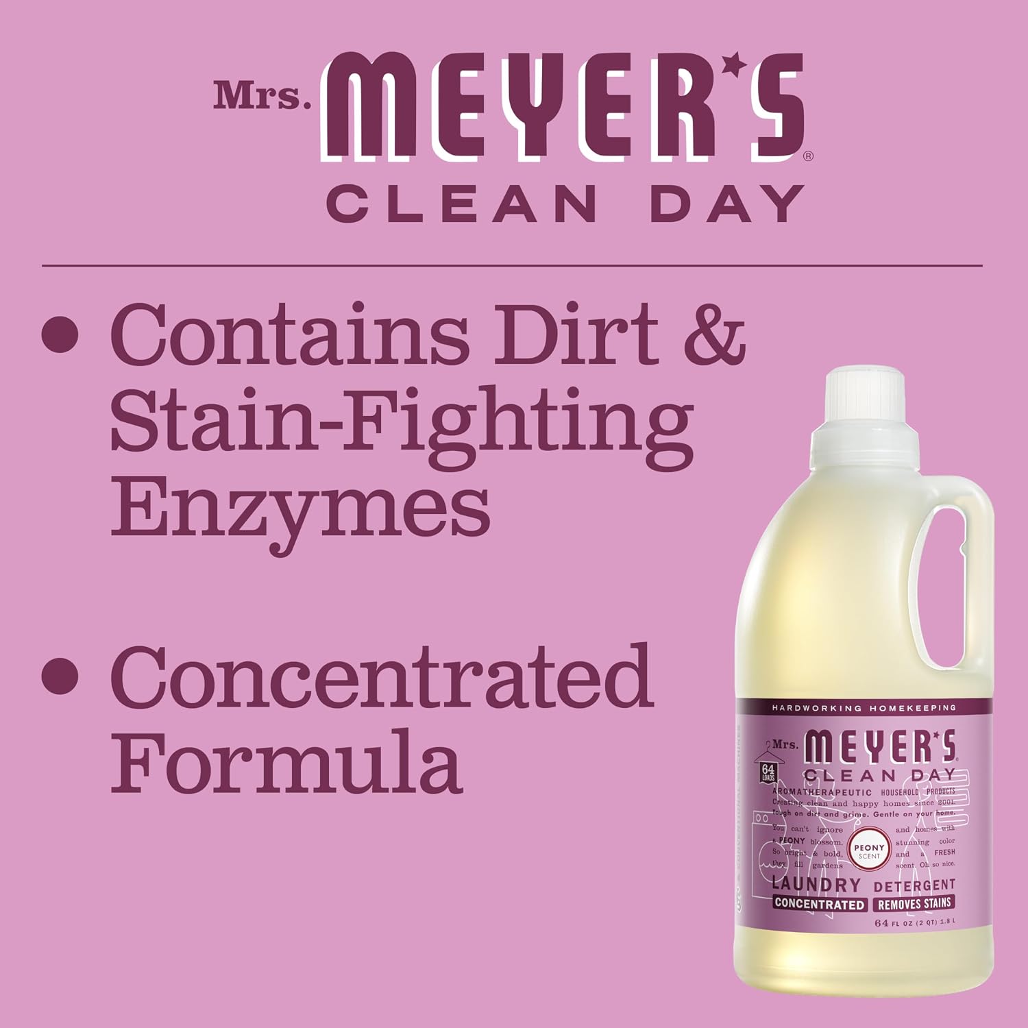 MRS. MEYER'S CLEAN DAY Liquid Laundry Detergent, Infused with Essential Oils, Peony, 64 oz (64 Loads)