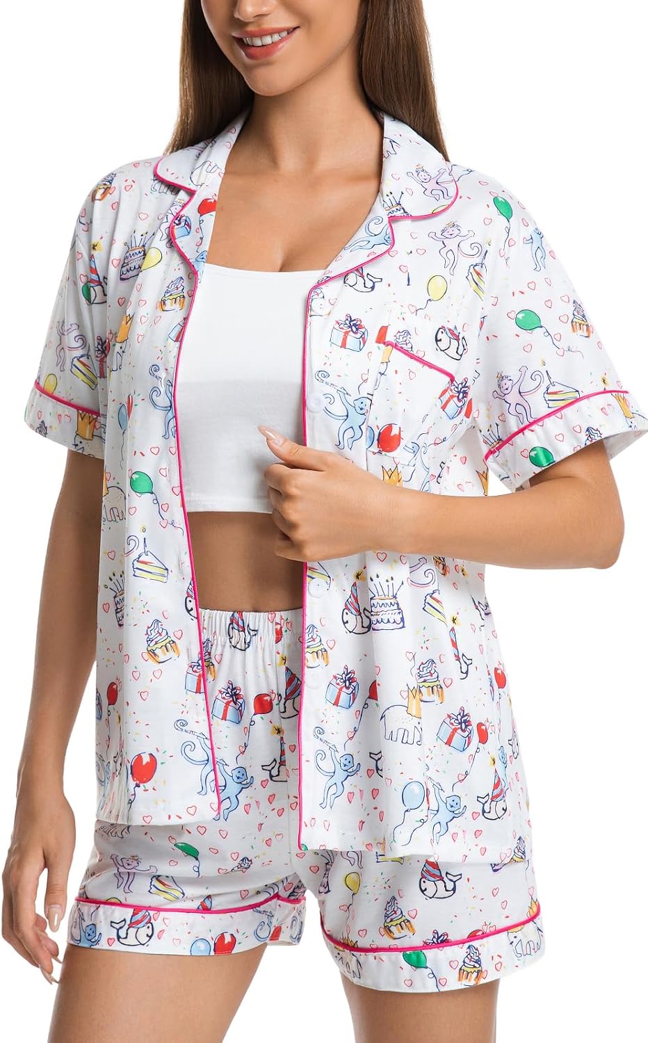 Womens Pajamas Set Shorts Button Down 2 Piece Monkey Bunny Y2k Roller Dupes Rabbit Preppy Lounge Pjs Comfy Sleep Wear