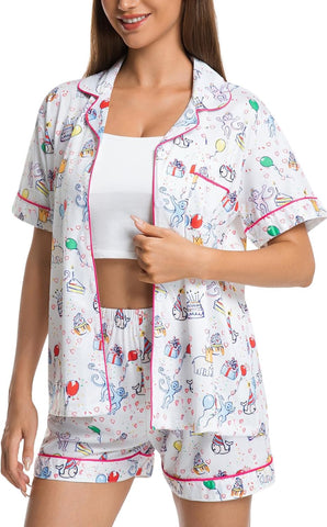 Womens Pajamas Set Shorts Button Down 2 Piece Monkey Bunny Y2k Roller Dupes Rabbit Preppy Lounge Pjs Comfy Sleep Wear