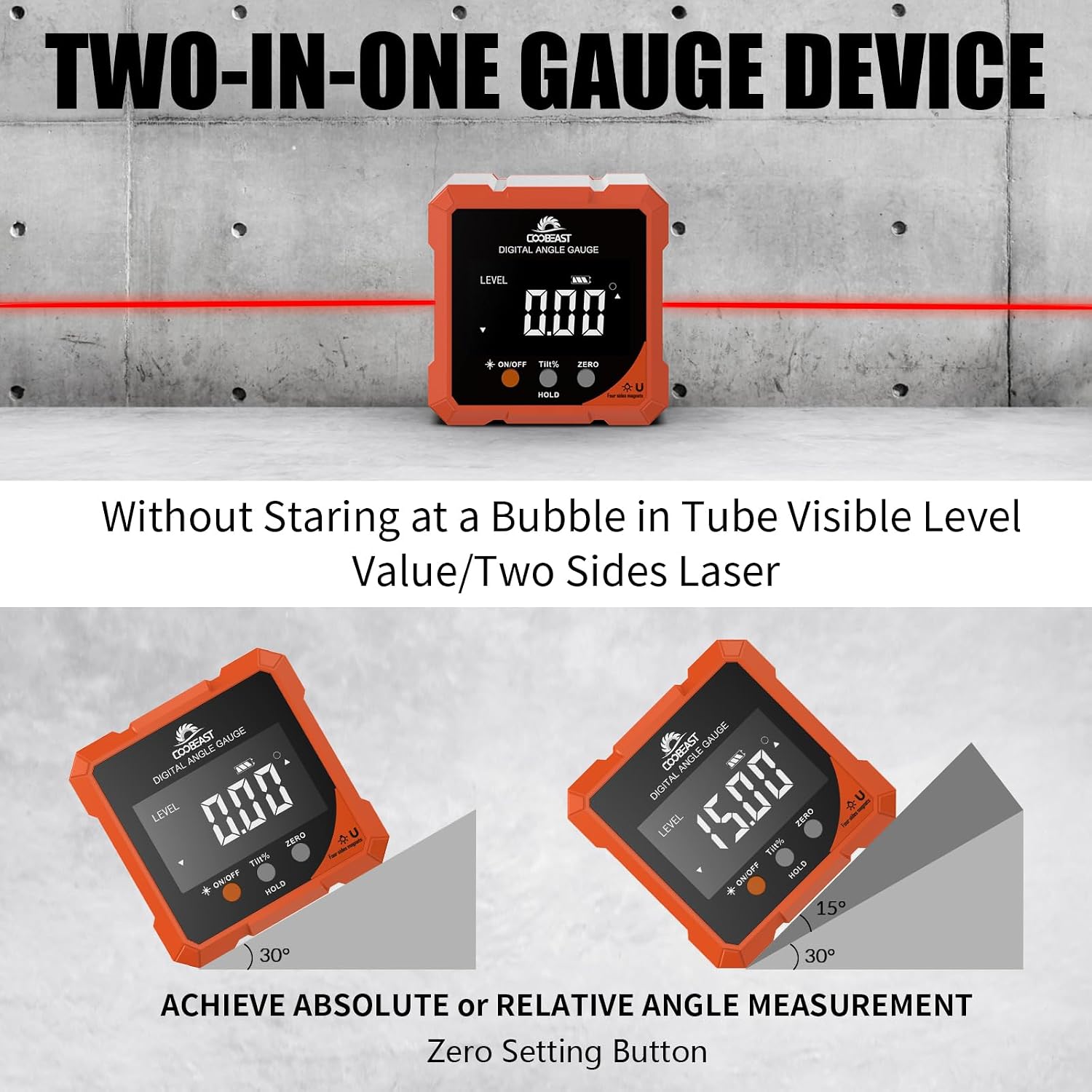 Coobeast Digital Angle Finder with Dual Laser 4-side Magnetic Angle Gauge