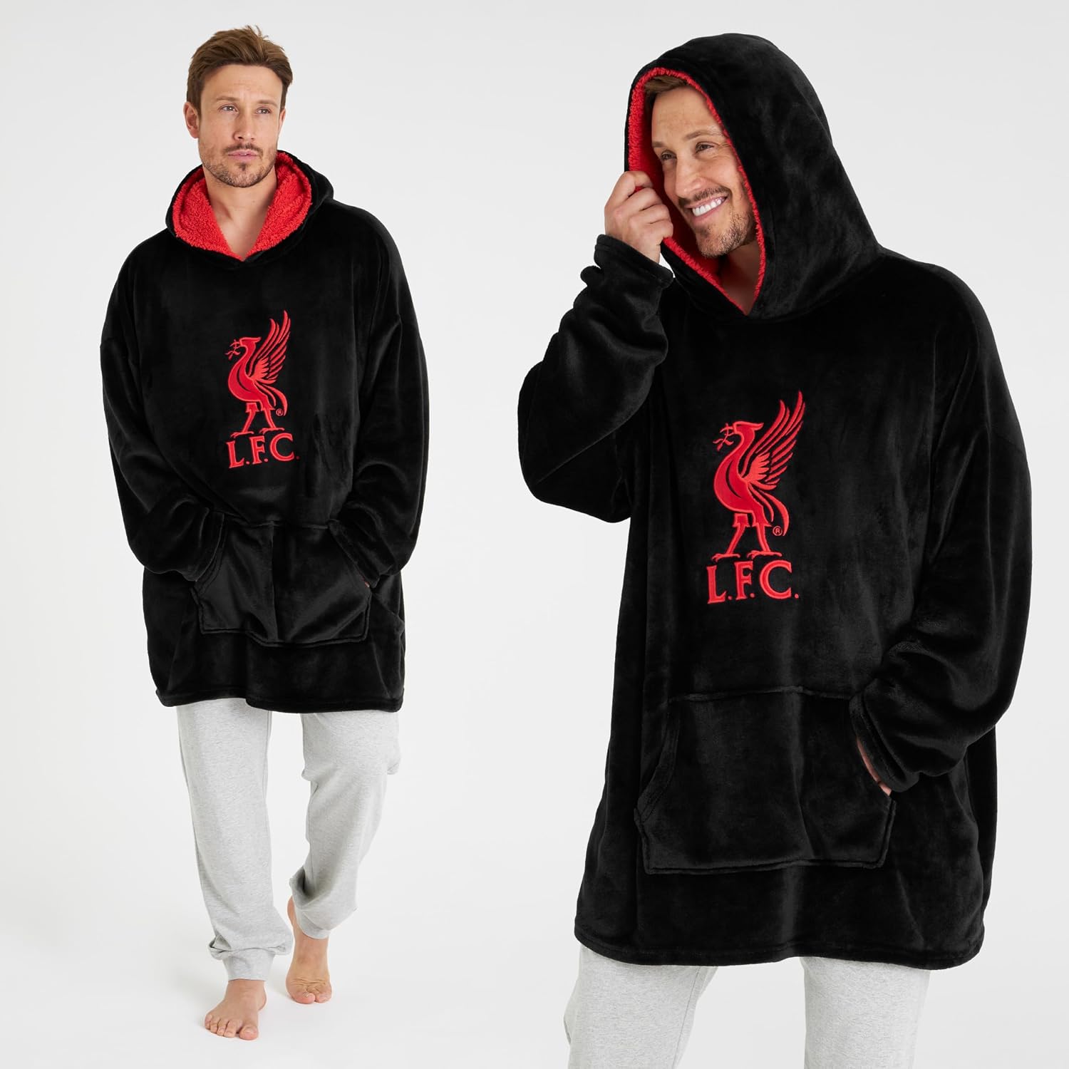 Liverpool F.C. Oversized Hoodie Blanket, Polyester and Sherpa Fleece-Lined Blanket Hoodie, Black Hoodie Blanket with Red LFC Crest, Oversized Blanket Hoodie for Men
