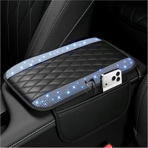 Stacool Upgraded Car Center Console Cover with Rhinestones,Microfiber Leather Car Armrest Cover Cushion with 2 Storage Bags,Universal Cars Armrest Storage Box as Cars Interior Accessories