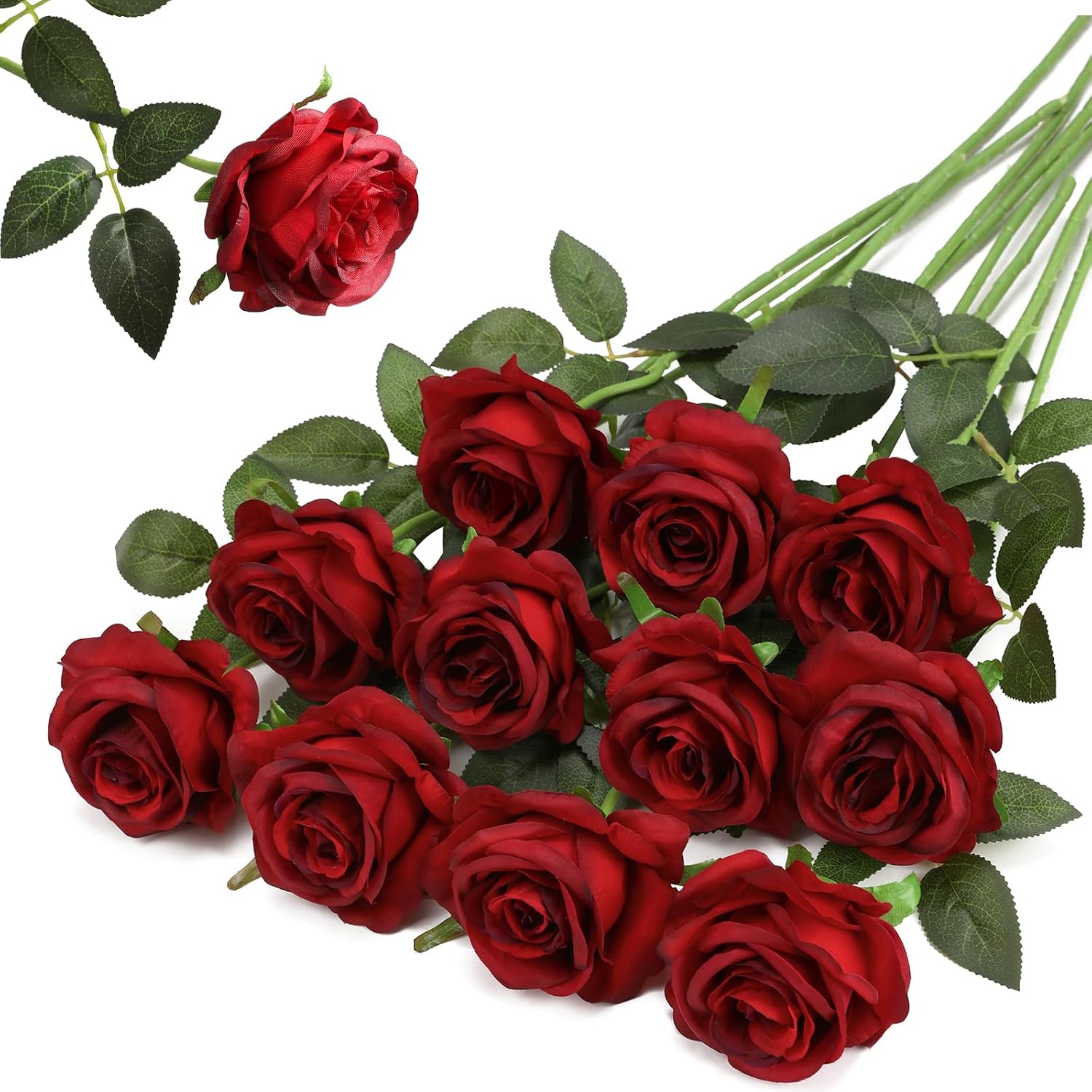 Hawesome 12PCS Artificial Silk Flowers Realistic Roses Bouquet Long Stem for Home Wedding Decoration Party (Burgundy, 12Pcs Flowers)