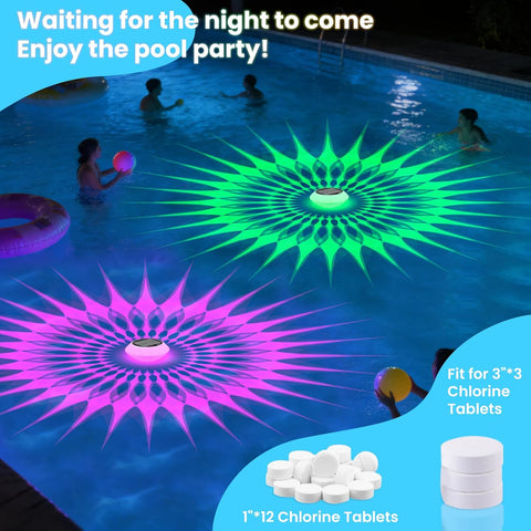 2026 Upgrade Solar Pool Chlorine Floater 3 Inch Tablets(1 Pack), 1800mAh Floating Pool Lights with Remote, 42 Lighting, Timer Function, IP68 Waterproof for Inground/Above Ground Pool, Pool Party, SPA
