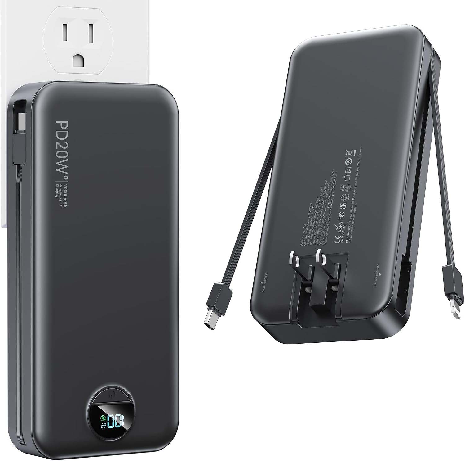 Nusyddy Portable Charger 20000mAh Fast Charging w/Built-in Wall Plug Black
