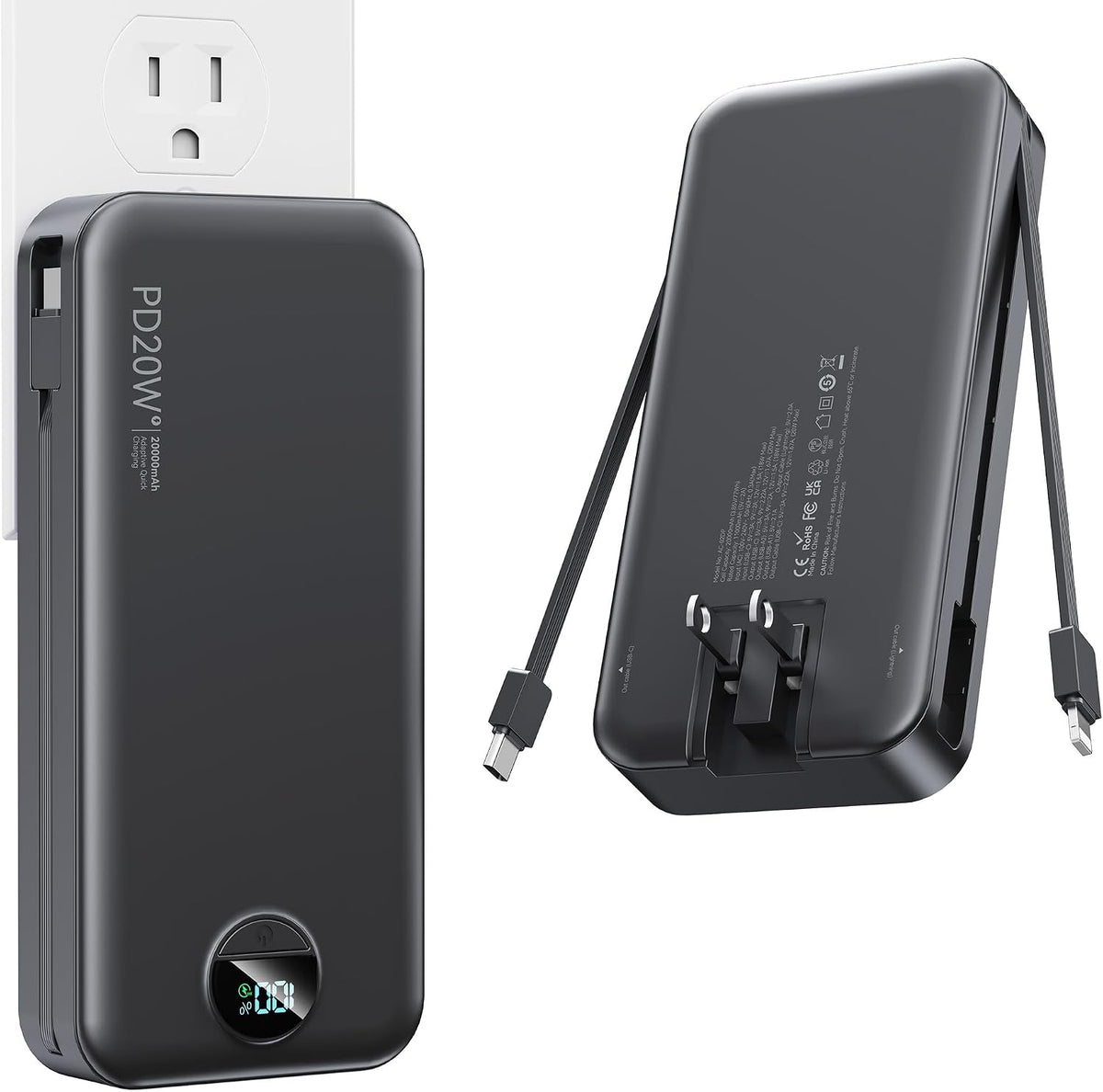 Nusyddy Portable Charger 20000mAh Fast Charging w/Built-in Wall Plug Black