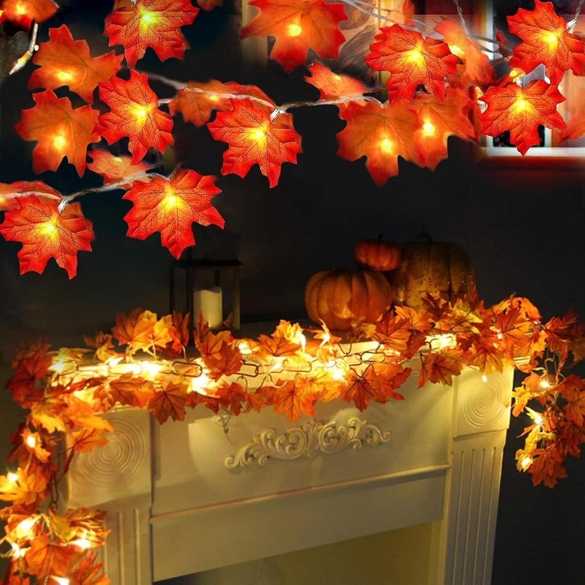 Fall Decor 2 Pack Fall Garland with Lights Enlarged Maple Leaves 20Ft 40LED