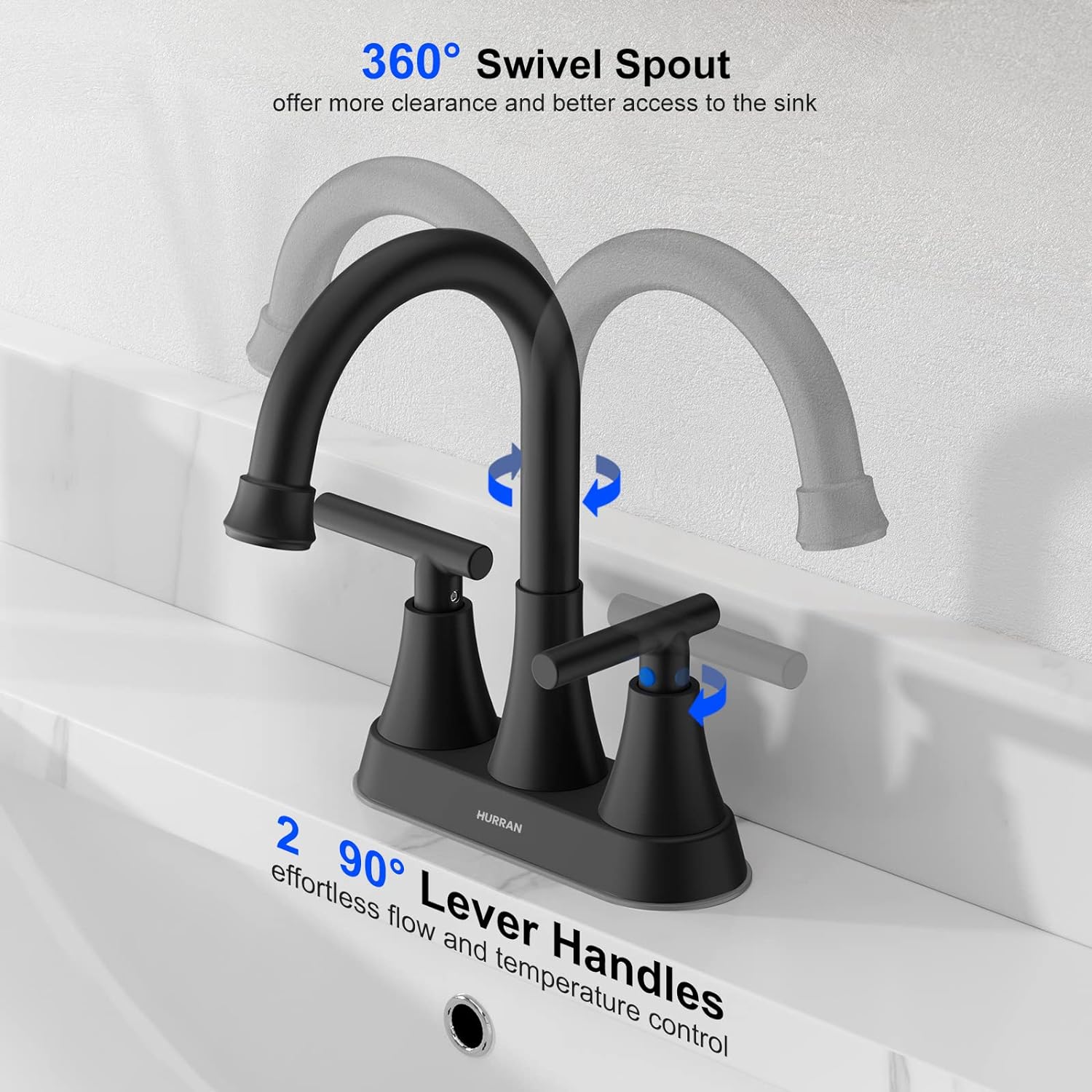 Matte Black Bathroom Faucet, Hurran 4 inch Centerset 2-Handle Lead-Free