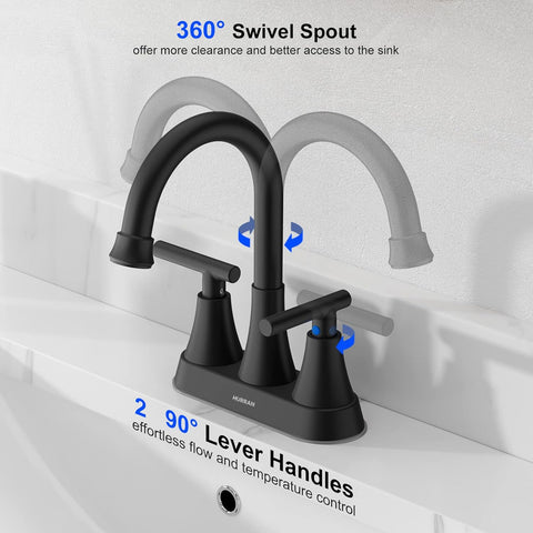 Matte Black Bathroom Faucet, Hurran 4 inch Centerset 2-Handle Lead-Free