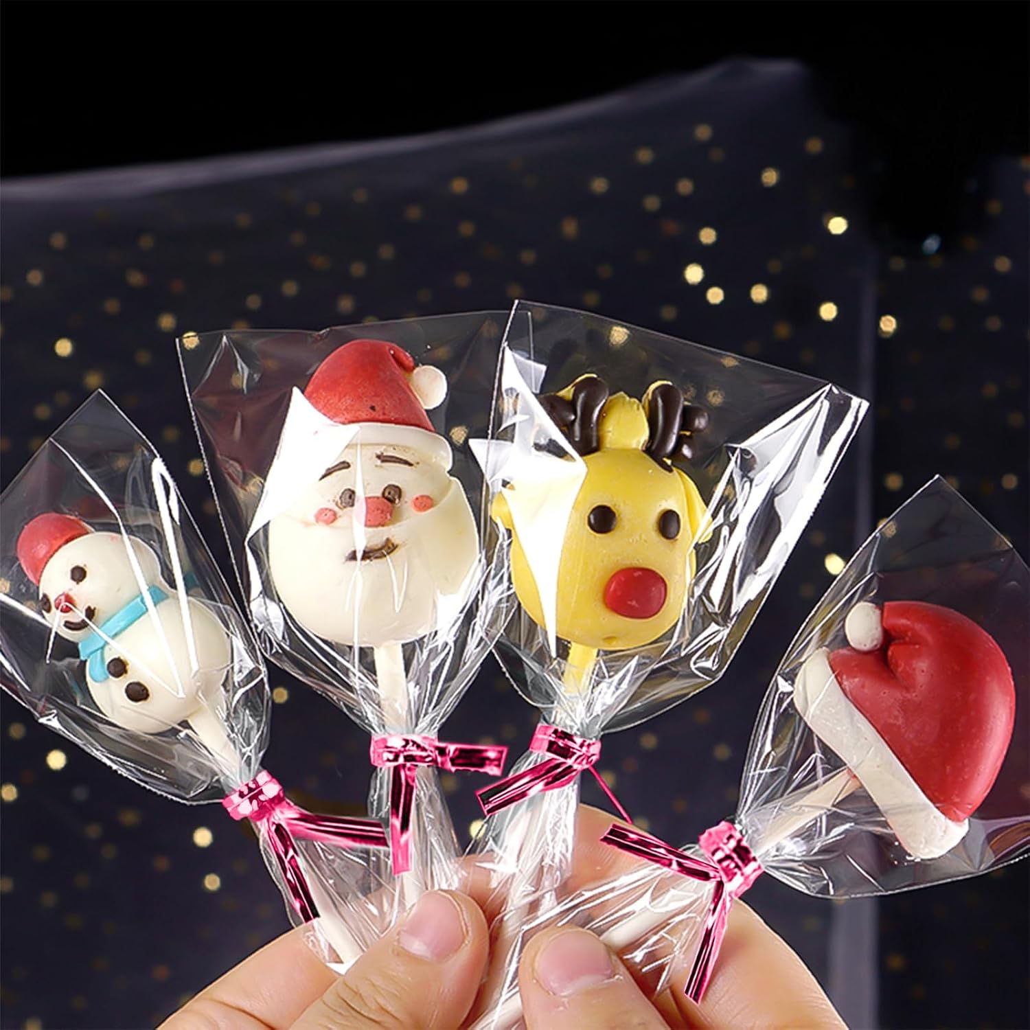 Basquei Cake Pop Sticks 6 Inches, Cake Pop Bags (3.9"X4.7"), Pink Metallic Twist Ties, 600 Pcs Cake Pop Kit Used for, Lollipops Cake, Candies, Chocolates Making Tools