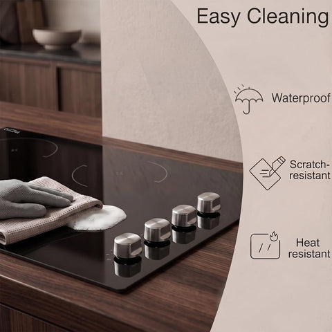 30 Inch Built-in Electric Ceramic Cooktop, Stove Top with 4 Burners, Radiant Heating, 9 Power Levels, Knob Control, 240V Hardwired