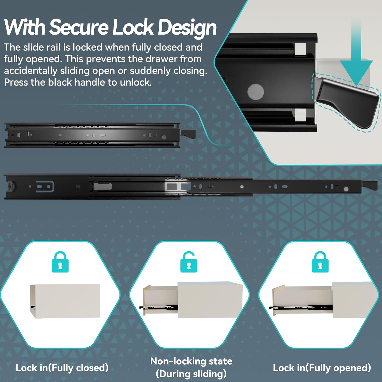 22 inch Locking Full Extension Ball Bearing Black Drawer Slides