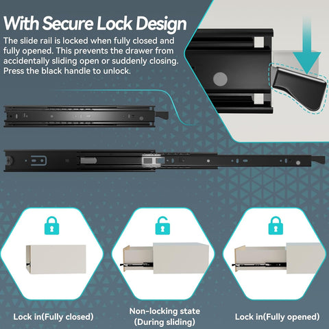 22 inch Locking Full Extension Ball Bearing Black Drawer Slides