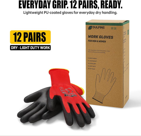 DULFINE Safety Work Gloves for Men & Women 12 Pairs, PU Coated Red XL