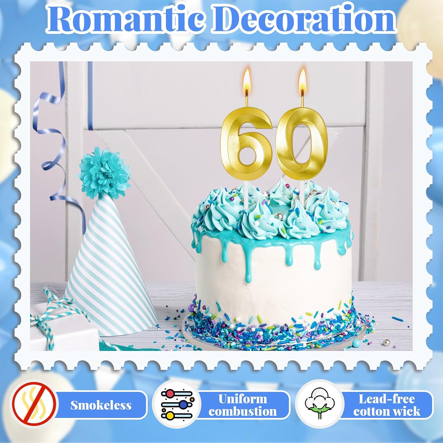 60th Birthday Decorations for Women and Men, Gold Number 60 Candle