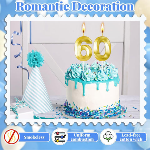 60th Birthday Decorations for Women and Men, Gold Number 60 Candle