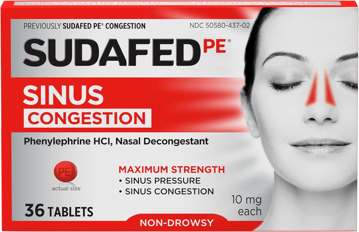 Sudafed PE Sinus Congestion Relief Tablets, 10 mg Phenylephrine HCI, 36 Ct