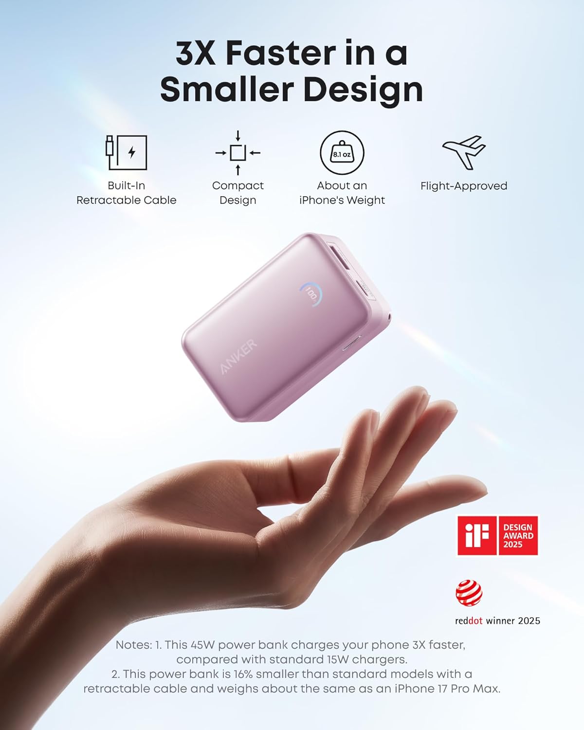 Anker Nano Power Bank, 45W 10,000mAh Portable Charger, iPhone Battery Pack (Pink)