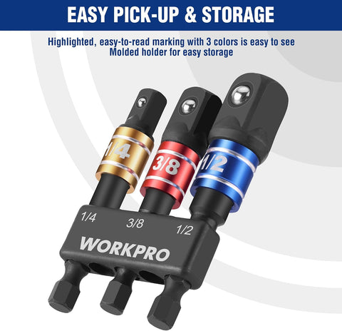 WORKPRO Impact Grade Socket Adapter Set, 1/4", 3/8", & 1/2" Drive, Extension Driver Bit With Holder, for Power Drill to High Torque Impact Wrench, 6PCS