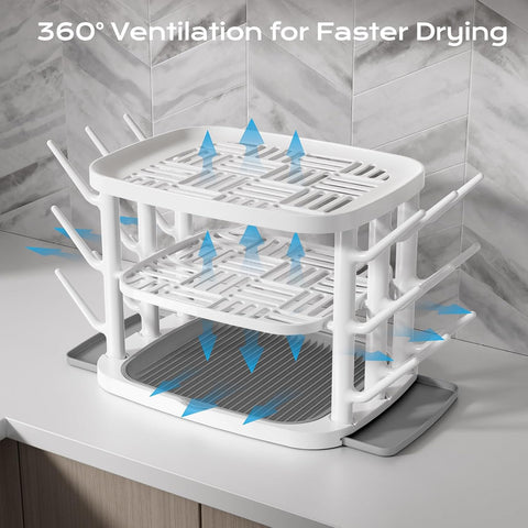 Baby Bottle Drying Rack,3-Tier Large Capacity Countertop Organizer with 360° Ventilation, Removable Drip Tray, Non-Slip Base – Easy to Clean Bottle Holder for Baby Accessories