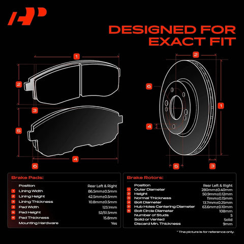 A-Premium 11.02 inch (280mm) Rear Solid Brake Rotors and Ceramic Pads Kit