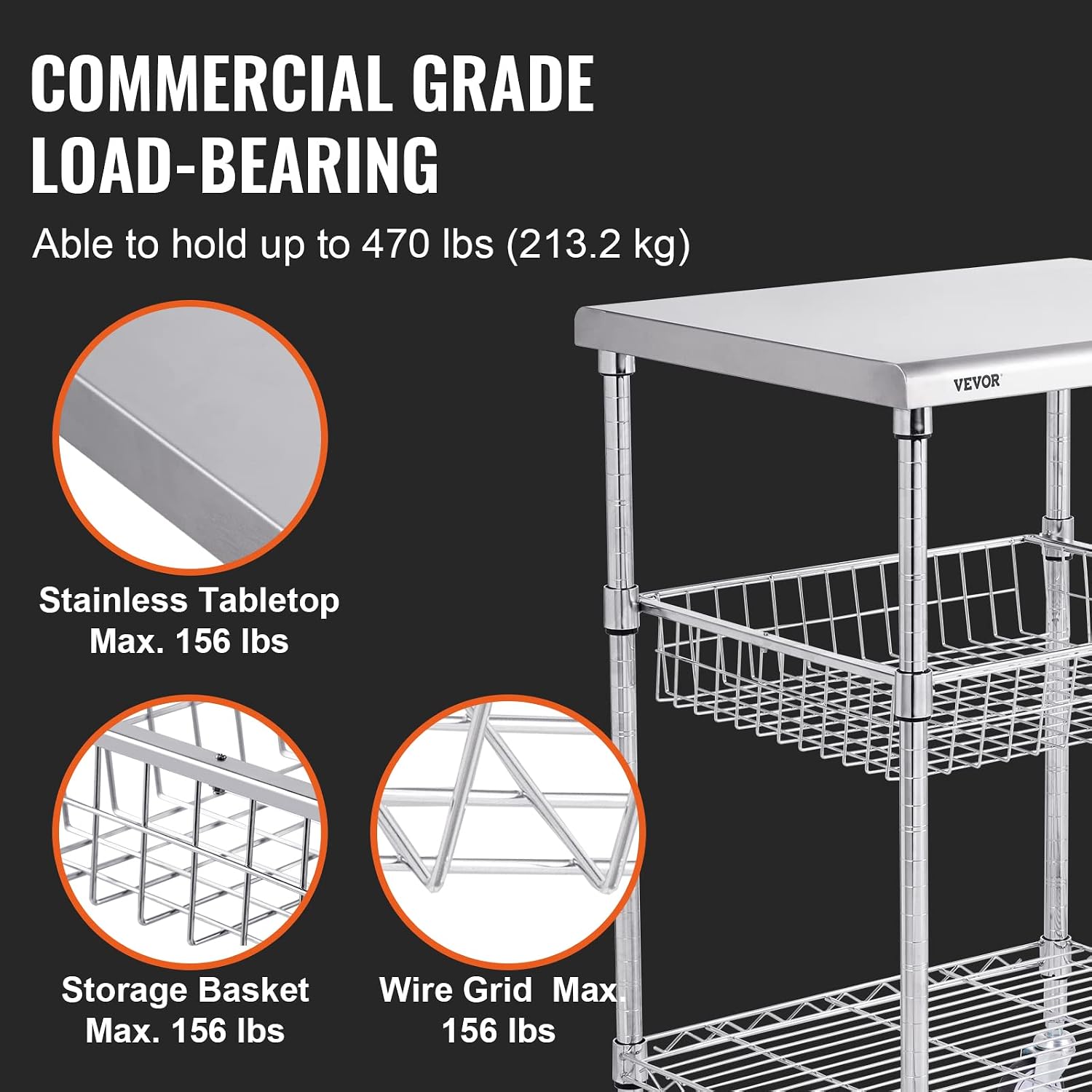 VEVOR Kitchen Utility Cart, 36.6"x20"x24" 3 Tiers Wire Rolling Cart, 470LBS Capacity Steel Service Cart with Brake Wheels, Storage Trolley with 76mm Basket PP Liner 6 Hooks, for Indoor & Outdoor Use