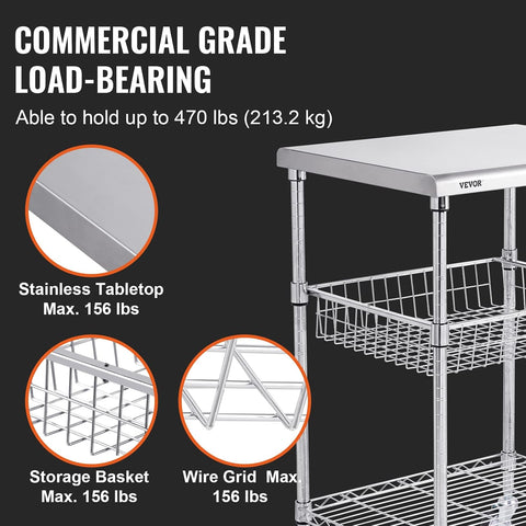 VEVOR Kitchen Utility Cart, 36.6"x20"x24" 3 Tiers Wire Rolling Cart, 470LBS Capacity Steel Service Cart with Brake Wheels, Storage Trolley with 76mm Basket PP Liner 6 Hooks, for Indoor & Outdoor Use