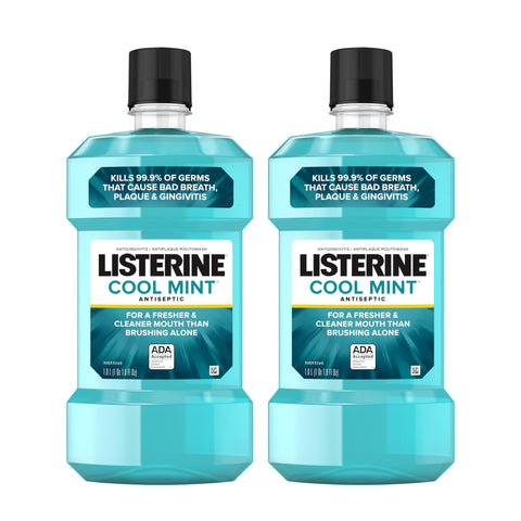 Listerine Cool Mint Mouthwash, Kills 99.9% of Germs That Cause Bad Breath, Plaque and Gingivitis, Antiseptic, Cool Mint Flavor, 1 L, 2 Pack