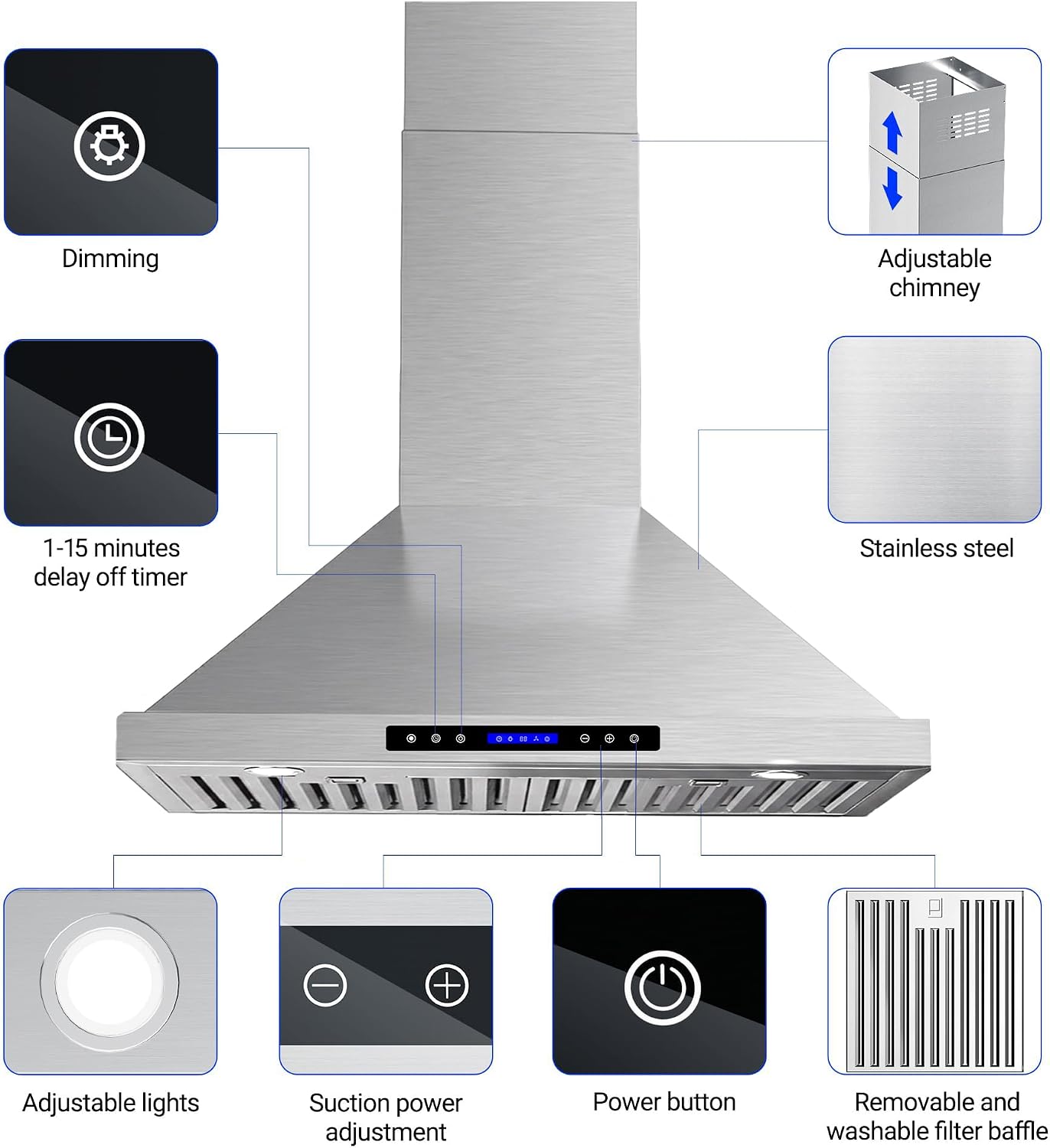 AROAN Wall Mount Range Hood with Ducted/Ductless Convertible Duct, 30 Inch 900CFM Stainless Steel Vent Hood, 4 Speed Touch Panel with 2pcs Adjustable LED Lights (ANTP02-30)