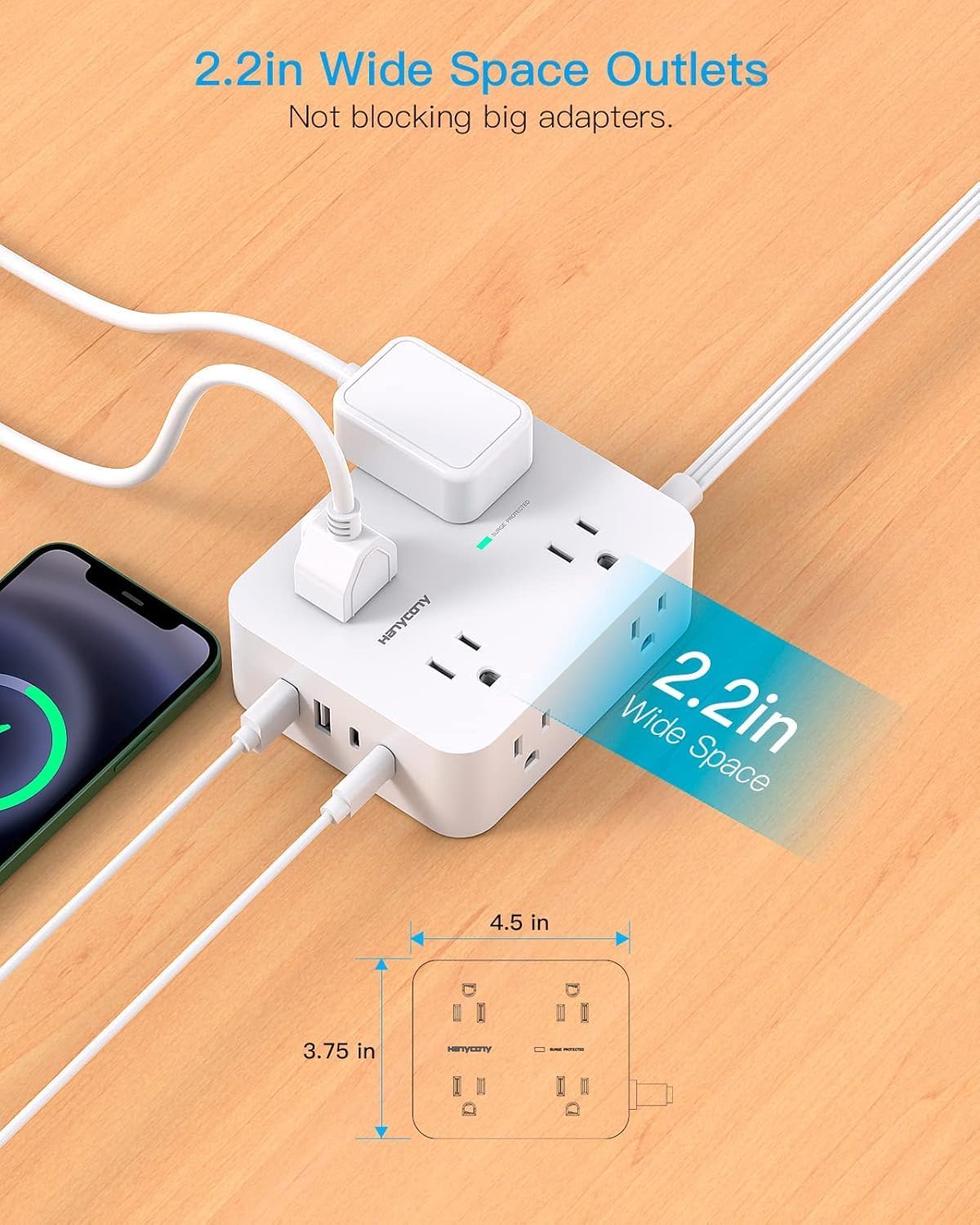 Surge Protector Power Strip, HANYCONY Extension Cord with Multiple Outlets