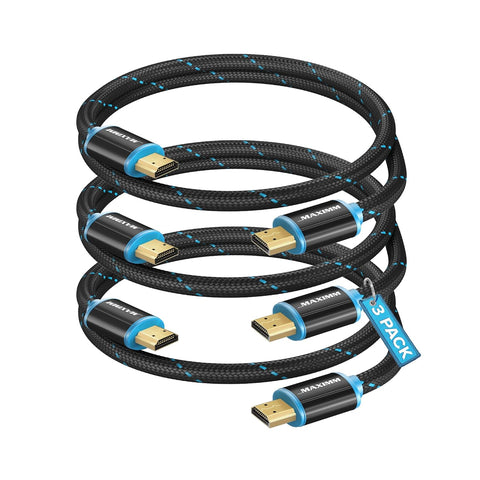 Maximm HDMI Cable 4K 15 Ft, 3-Pack, Braided, 18 Gbps, Gold-Plated