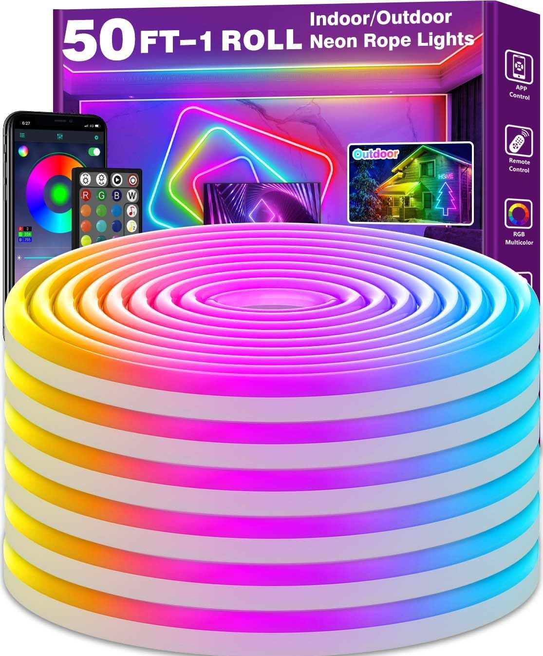 AILBTON 50Ft Neon Rope Lights,Flexible Led Rope Lights Control with App/Remote,Multiple Modes Music Sync Gaming RGB Led Neon Lights for Bedroom Outdoor