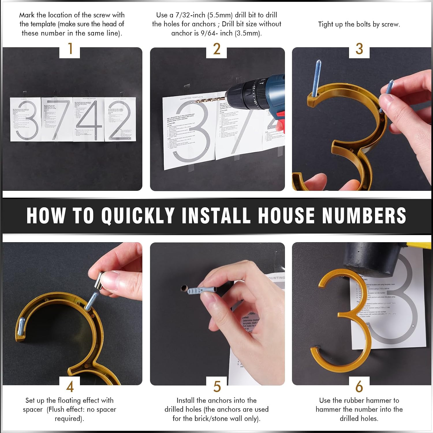 VONDERSO 5 Inch Floating House Numbers and Letters for Outside,Gold Metal Modern Outdoor Address Sign for Yard Street and Mailbox, Zinc Alloy Solid Address Numbers and Letters,number 4