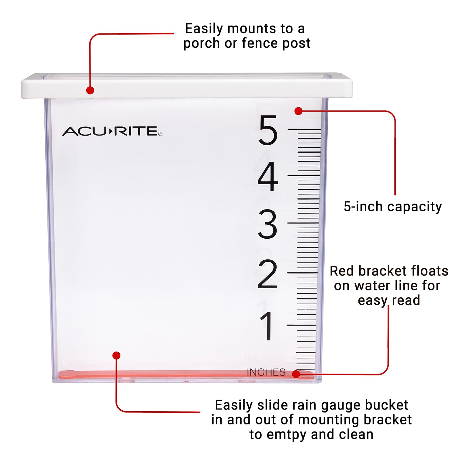 AcuRite Waterfall Rain Gauge with 5-inch Rainfall Capacity (00858W), Clear