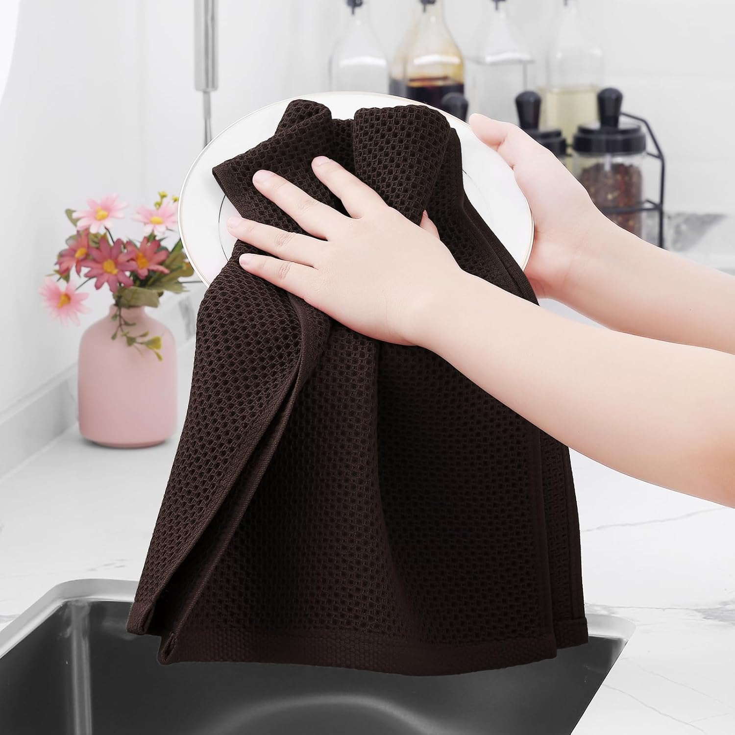 Homaxy 100% Cotton Waffle Weave Kitchen Dish Towels 8-Pack, Dark Brown