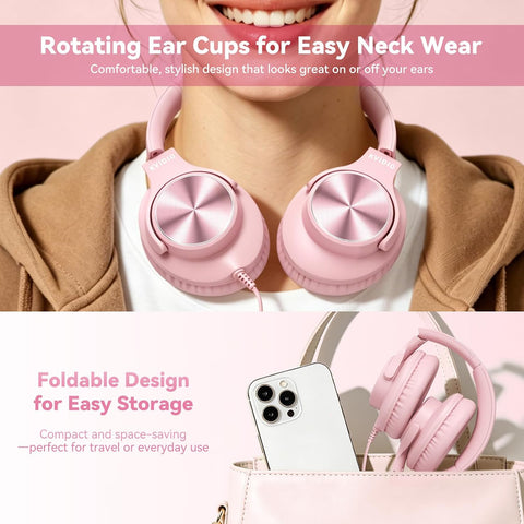 Wired Headphones with Mic, Over-Ear 3.5mm Corded Headphone for School Pink