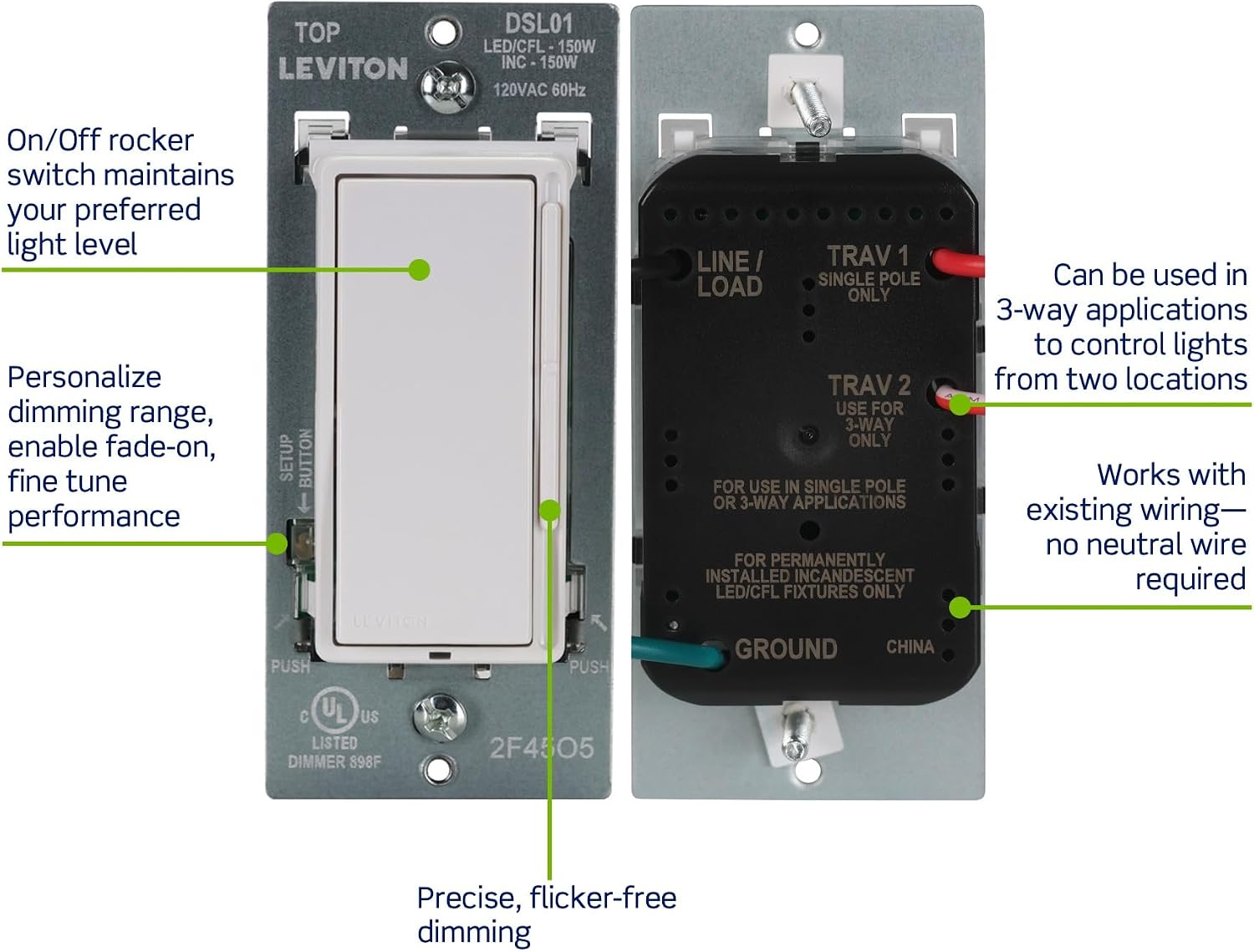 Leviton Decora Slide LED Advanced Dimmer Switch for 150W Dimmable LED, Halogen and Incandescent Bulbs and Fixtures, DSL01-LW, White