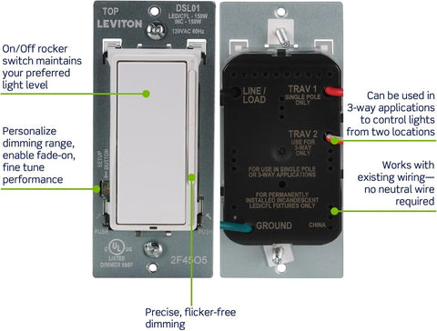 Leviton Decora Slide LED Advanced Dimmer Switch for 150W Dimmable LED, Halogen and Incandescent Bulbs and Fixtures, DSL01-LW, White