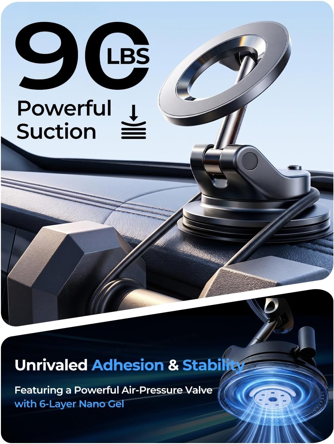 LISEN for MagSafe Car Mount [3800gf Strong Magnet & 90+LBS Suction] 360° Adjustable Vacuum Magnetic Phone Holders for Your Car, for iPhone 17 Pro Max 16 15 14 13 12 Plus Air for All Smartphones