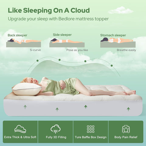 BEDLORE Twin Mattress Topper , Thick Pillow Top Mattress Pad