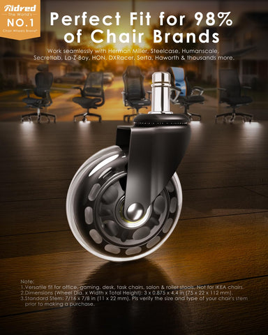 RidRed Office Chair Wheels - Replacement Rubber Wheels - Universal Fit 3 Inch Casters, Heavy-Duty Chair Casters, Noise Free, Fits 98% Chair, for All Floor (5)