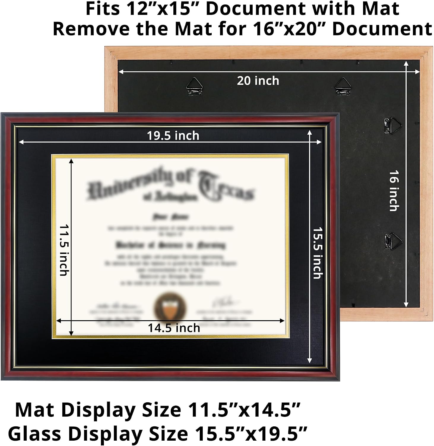 GraduationMall 12x15 Diploma Frame with Black over Gold Mat or Display 16x20 Certificate without Mat,Solid Wood & Tempered Glass,Cherry Finish with Gold Trim