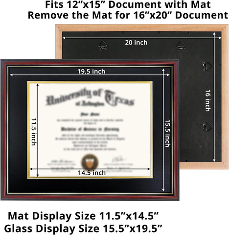 GraduationMall 12x15 Diploma Frame with Black over Gold Mat or Display 16x20 Certificate without Mat,Solid Wood & Tempered Glass,Cherry Finish with Gold Trim