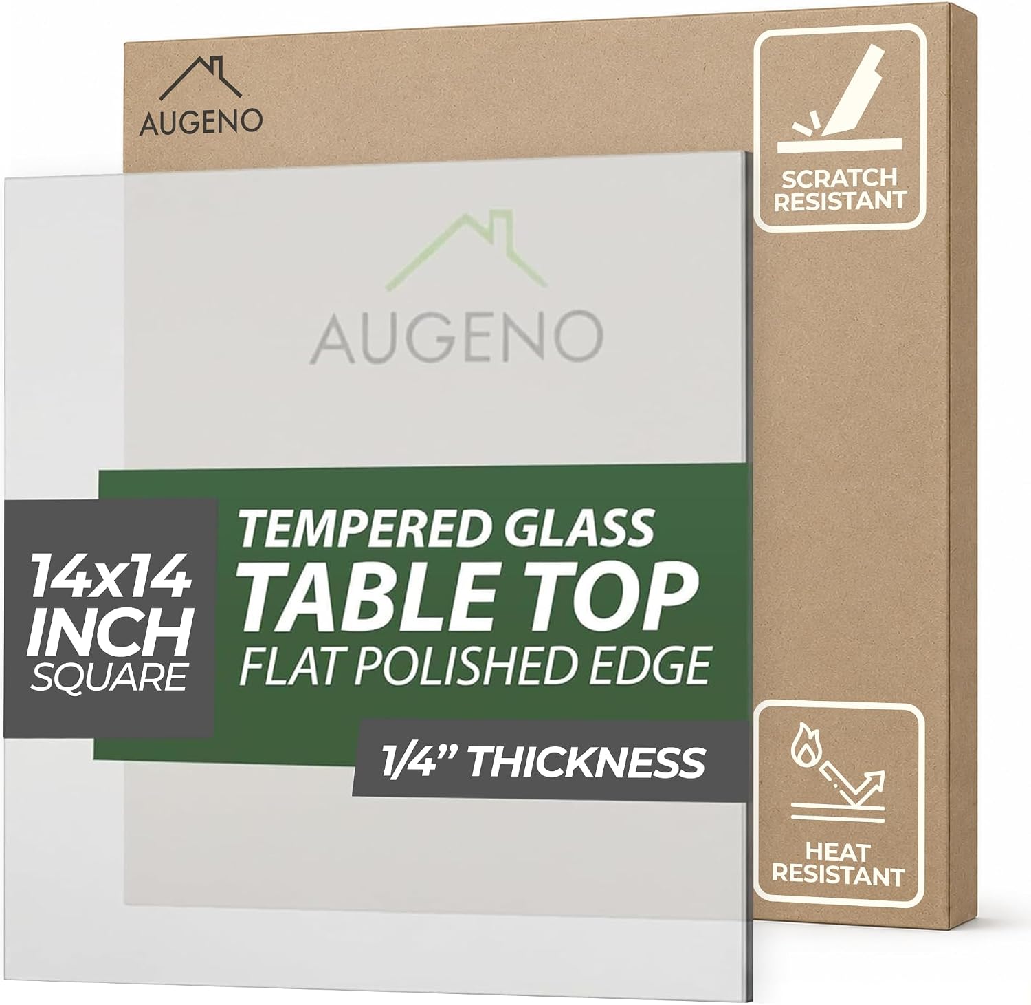14 inch Square 1/4" Thick Flat Polished Edge Clear Glass Table Top with 6 Bumpers - Tempered, Scratch Resistant & Safety Replacement Glass for Dining, Coffee, Patio & End Tables